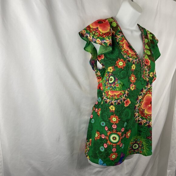 Desigual Green Floral Island Boho Blouse Women's Size S - Picture 2 of 11